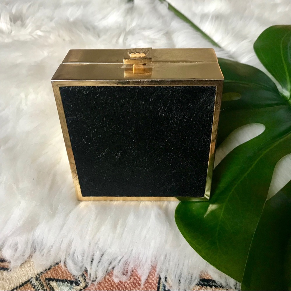 Henri Bendel Black Fur & Gold Minaudiere Clutch
